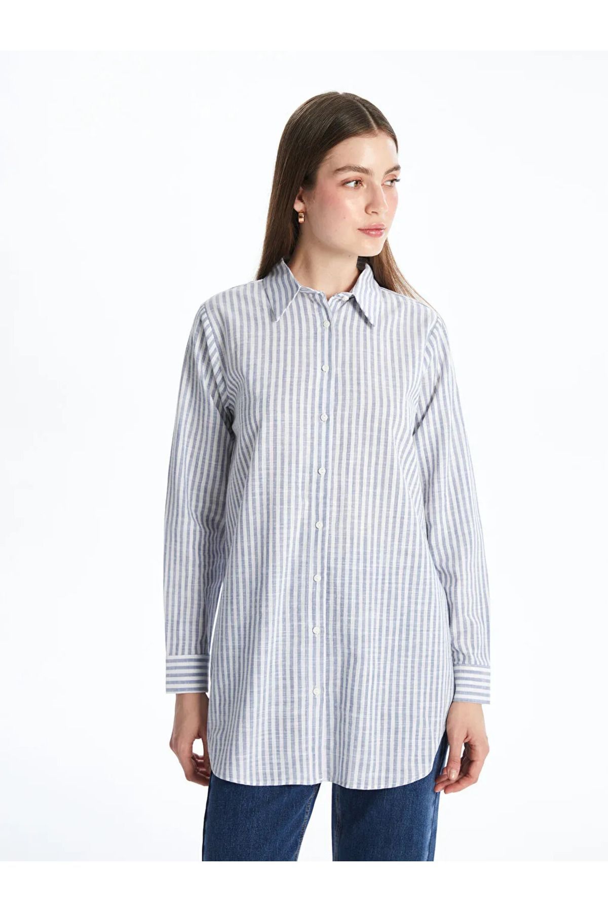 LC Waikiki LCWAIKIKI Classic Indigo Çizgili Kadın Gömlek Tunik