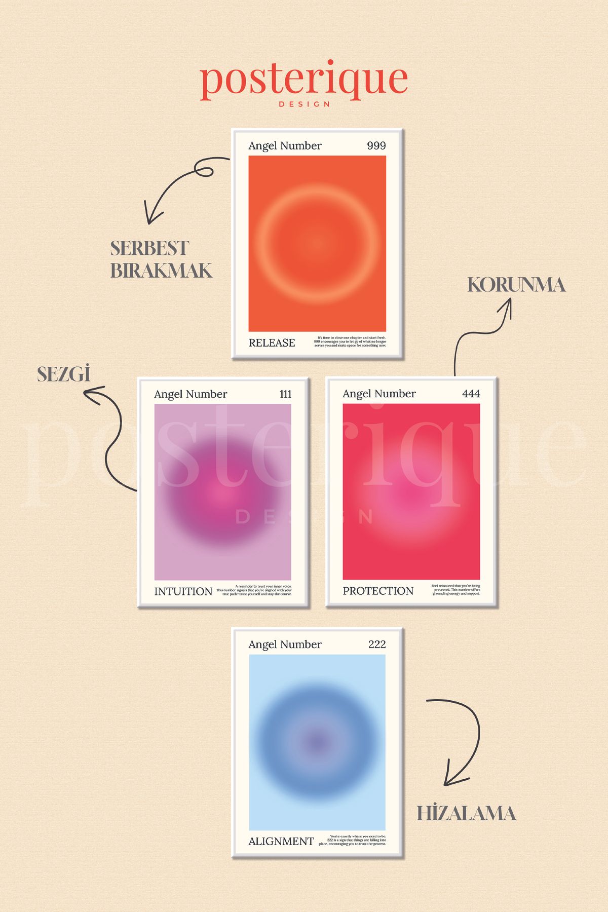 posterique Aura Collection 4 lü Çerçevesiz Tablo Çerçevesiz Poster Modern Poster Dekoratif Poster