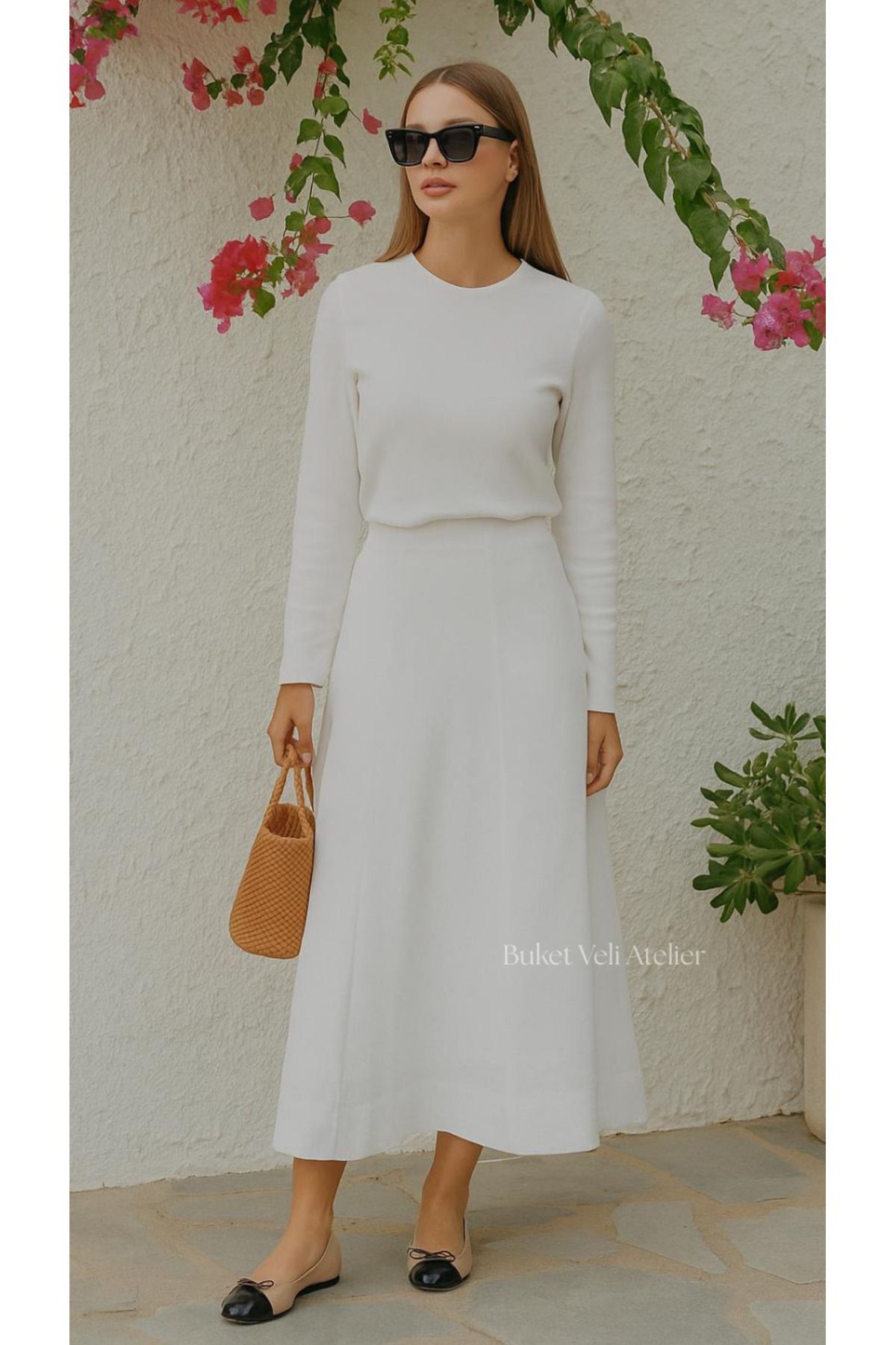 Buket Veli Atelier Keten Beyaz Maksi Astarlı Uzun Tesettür 6 Parçalı Etek