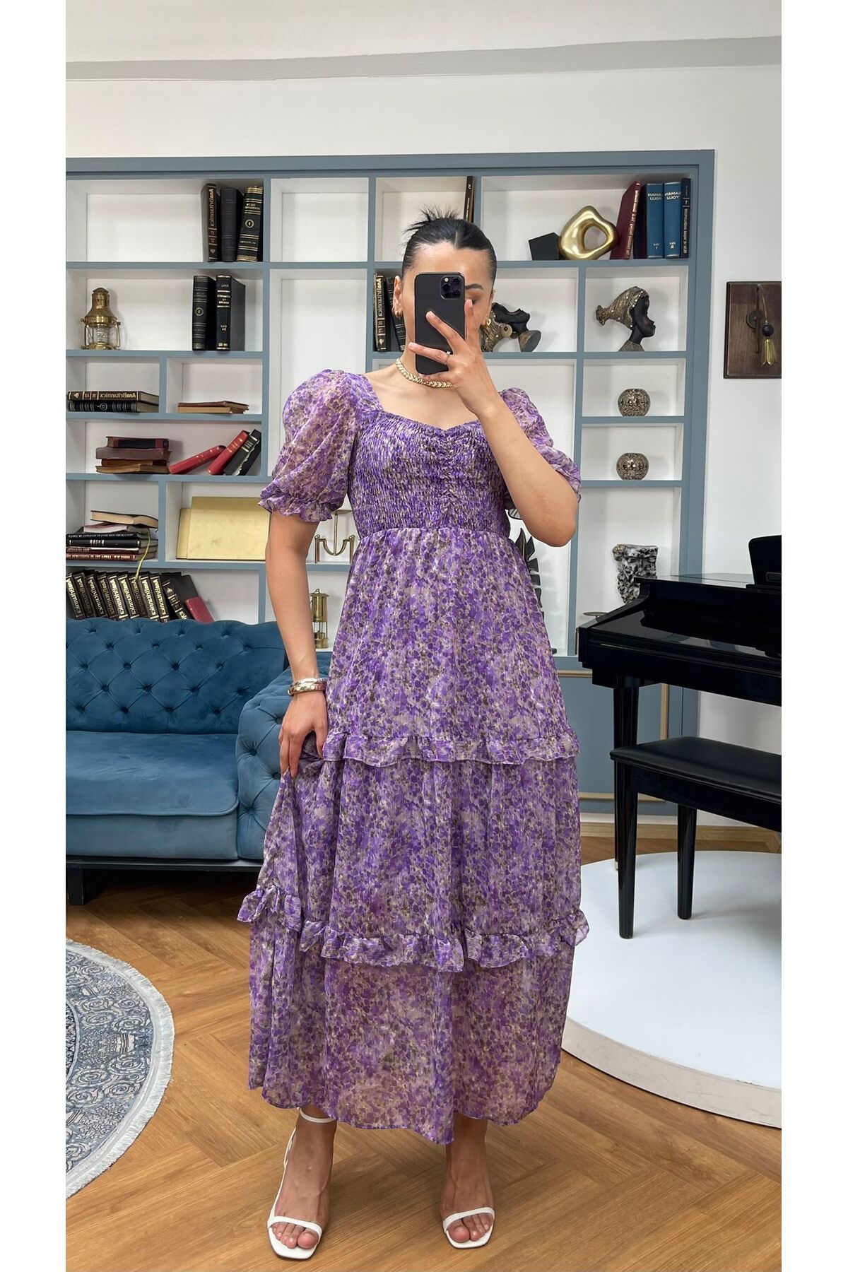 Nida Boutique Kare Yaka Gipeli Yarım Kol Katkat Astarlı Şifon Elbise