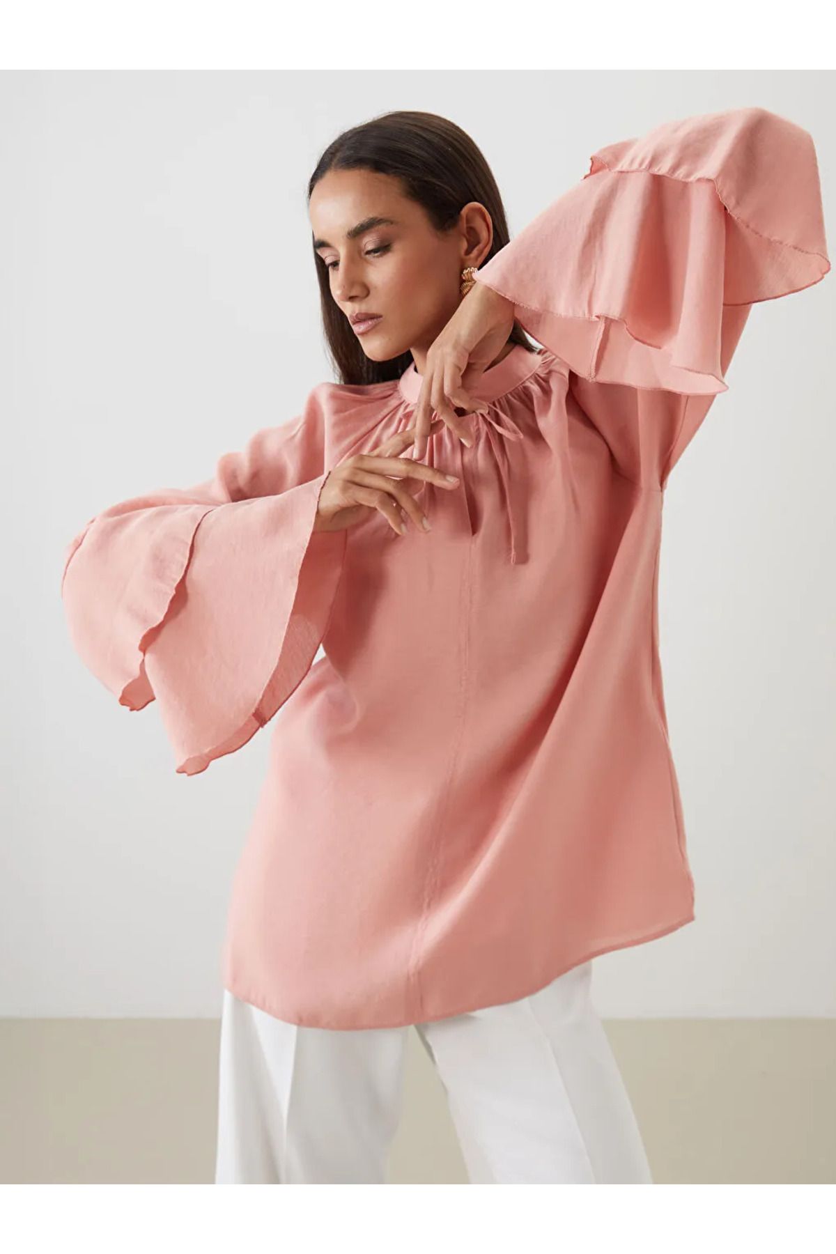 LC Waikiki LCW Modest Pembe Bağlamalı Yaka Modal Karışımlı Kadın Tunik