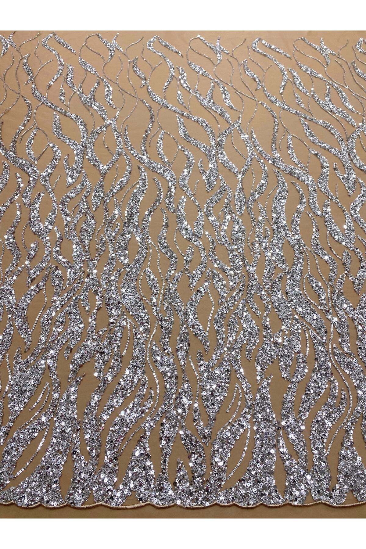 Luxuro-Silver Couture Lace with Nude Tulle with Strings, Beads and Sequins 1