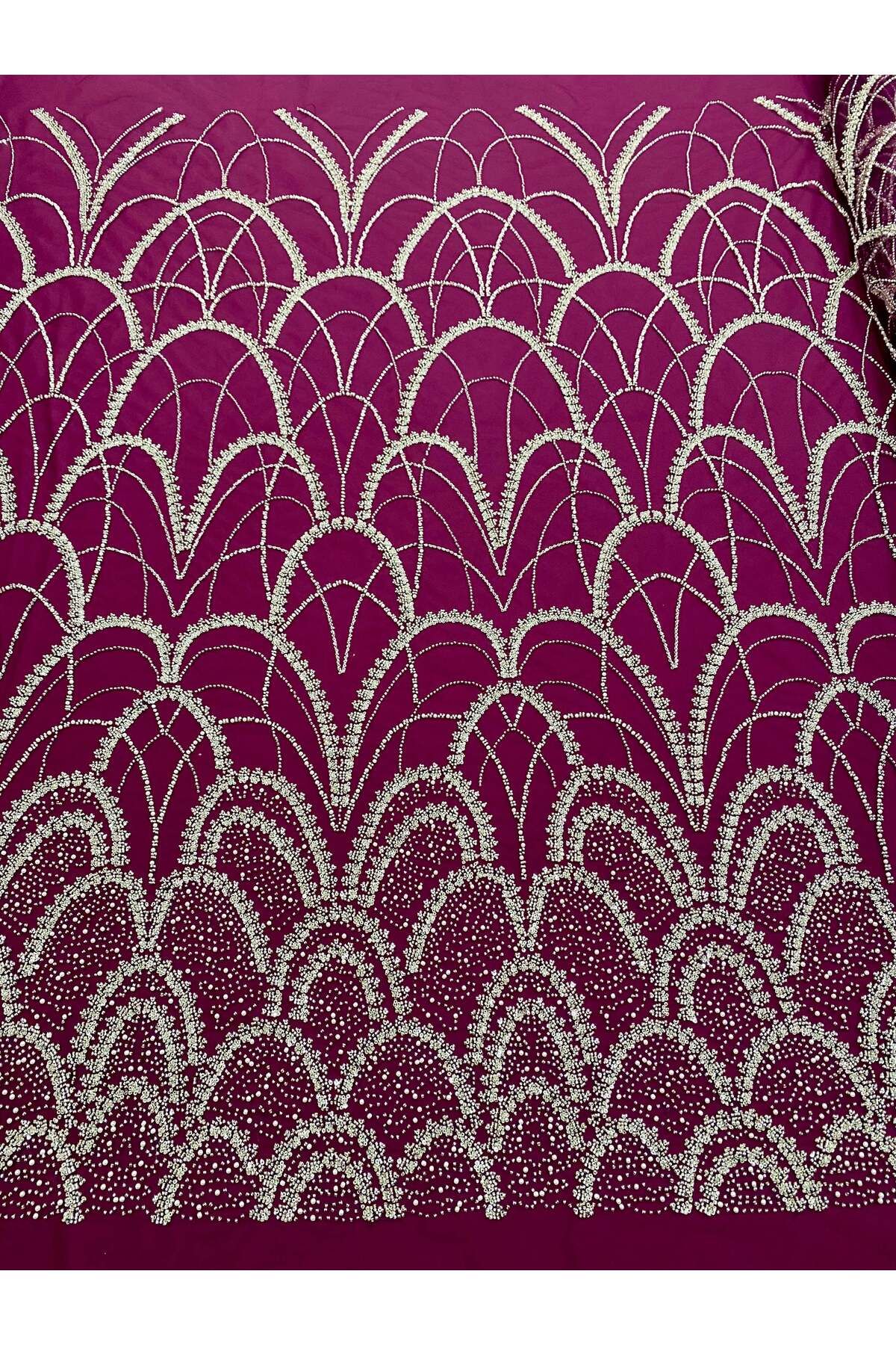 Luxuro-Silver Couture Lace with Dark Magenta Tulle with Geometric Pattern, with Pearls, Beads and Sequins 1