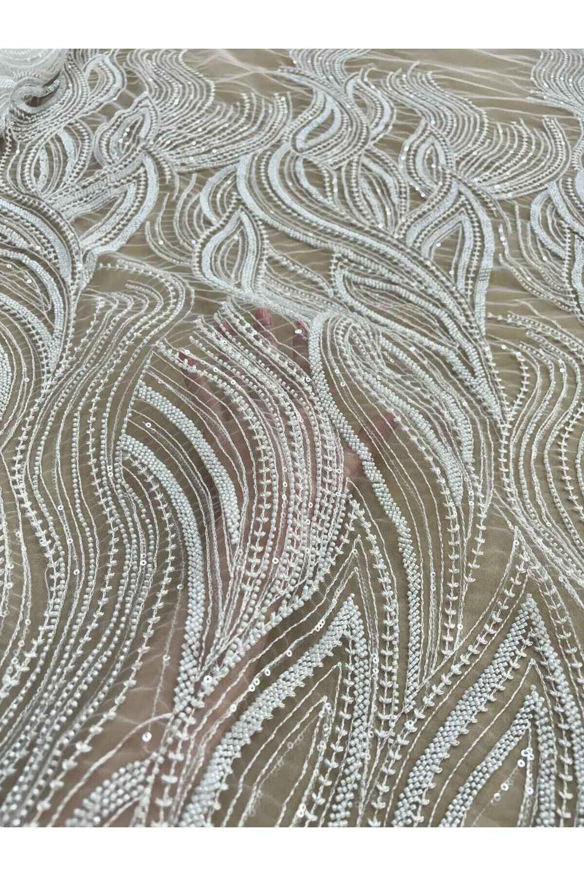 Luxuro-Ivory Couture Lace with Linear Pattern, Beads and Sequins 2