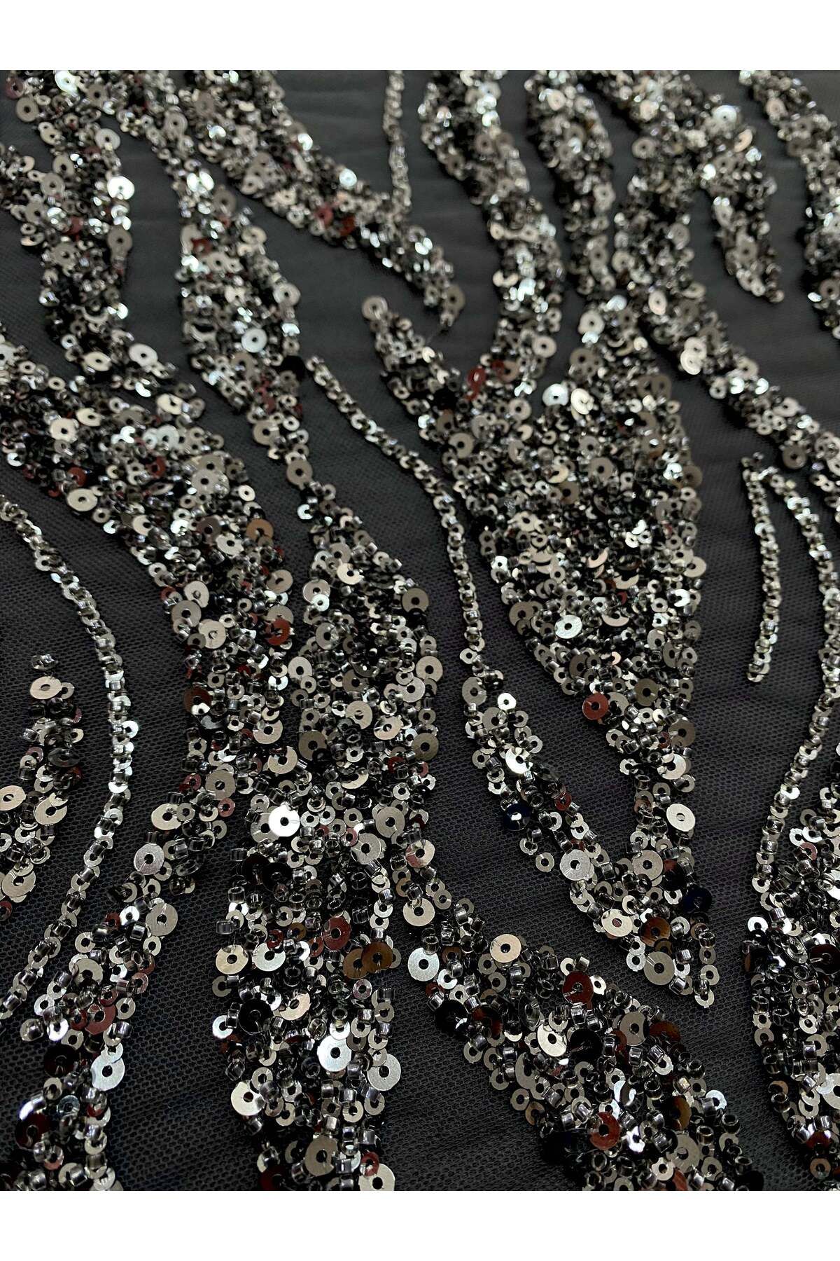 Luxuro-Anthracite Grey Couture Lace with Strings, Beads and Sequins 2