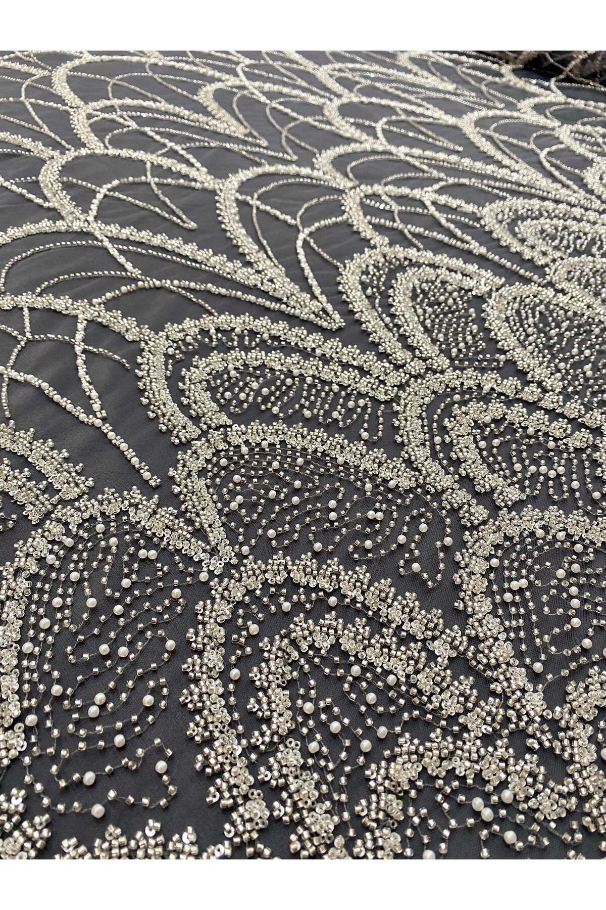 Luxuro-Silver Couture Lace with Anthracite Tulle with Geometric Pattern, with Pearls, Beads and Sequins 7