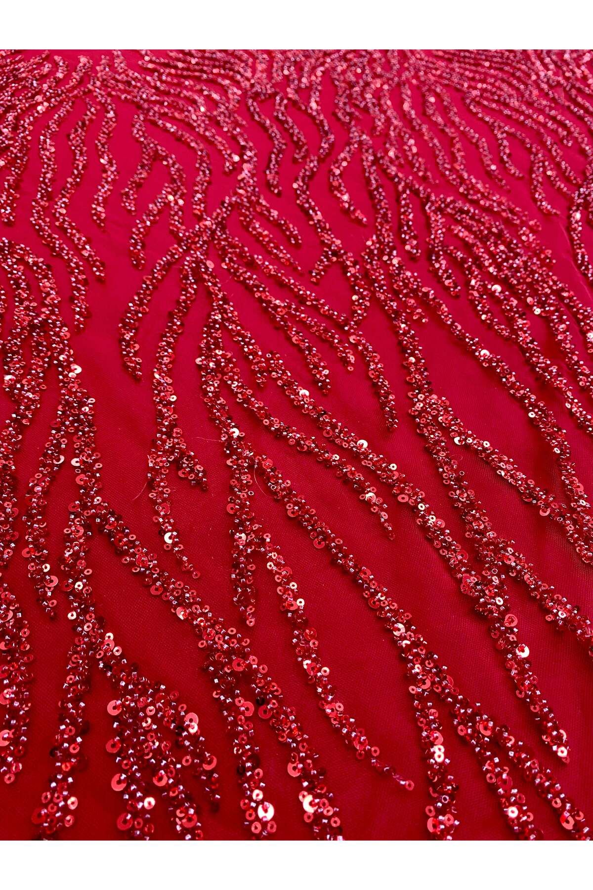 Luxuro-Red Couture Lace with Ostrich Feathers, Strings, Beads and Sequins 5