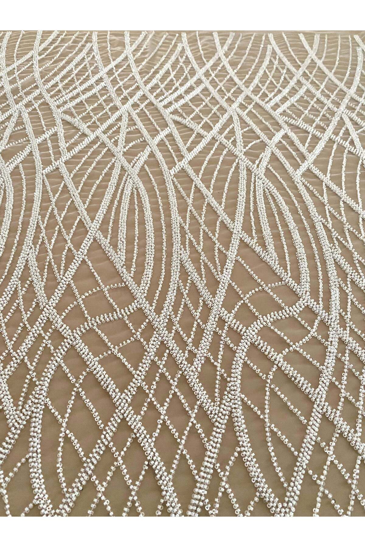 Luxuro-Ivory Couture Lace with Linear Pattern, Beads and Sequins 6