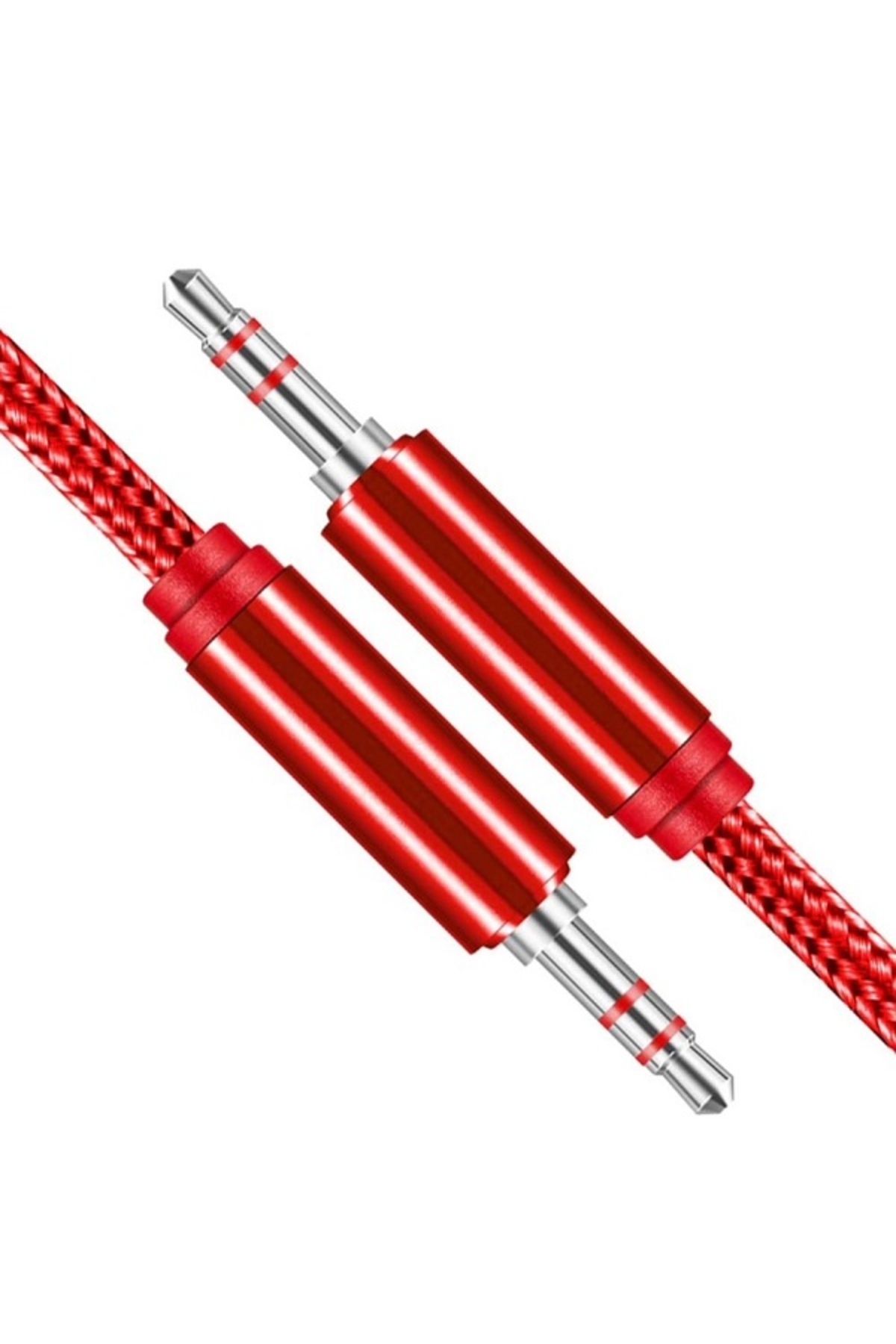 ROSEPREMİUM Hasır Örgülü 2 Metre Aux Kablosu Ses Kablosu 3.5 mm Kırmızı