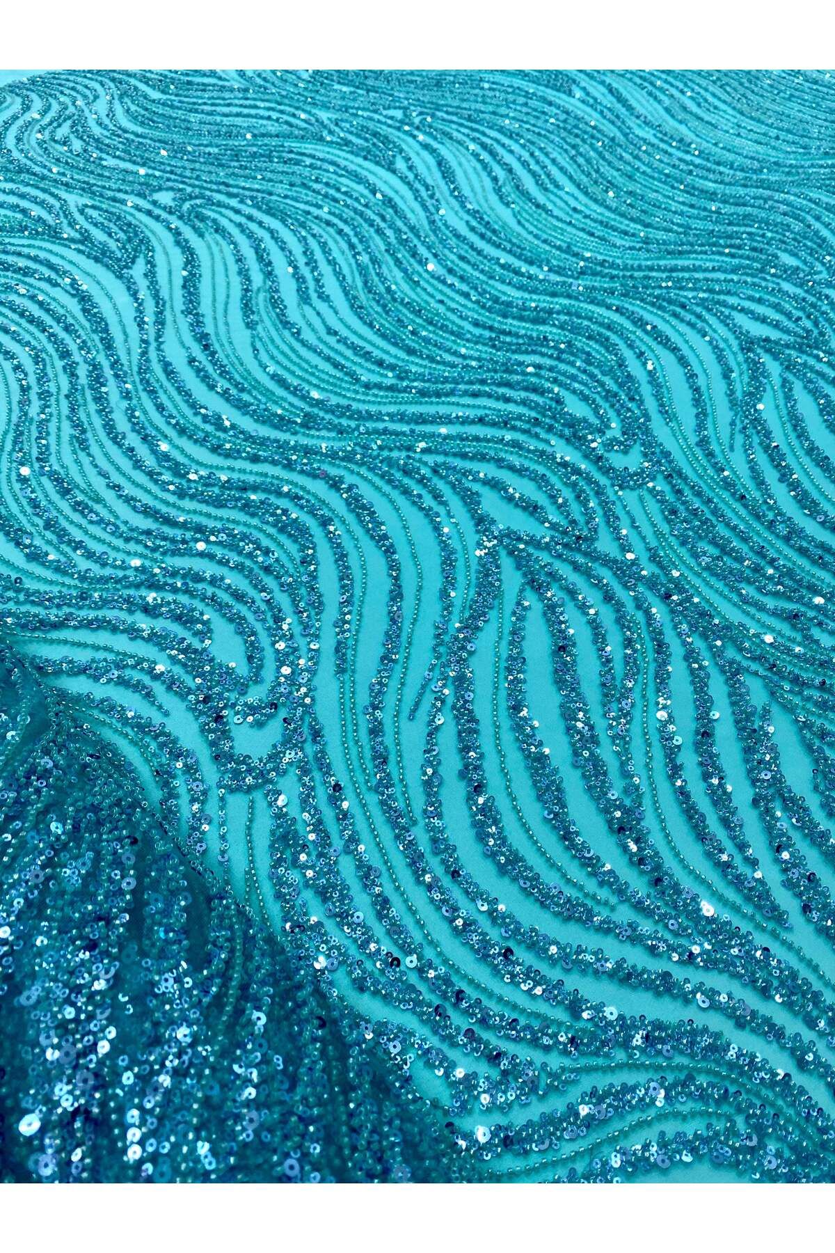 Luxuro-Turquoise Couture Lace with Linear Pattern, Beads and Sequins 5