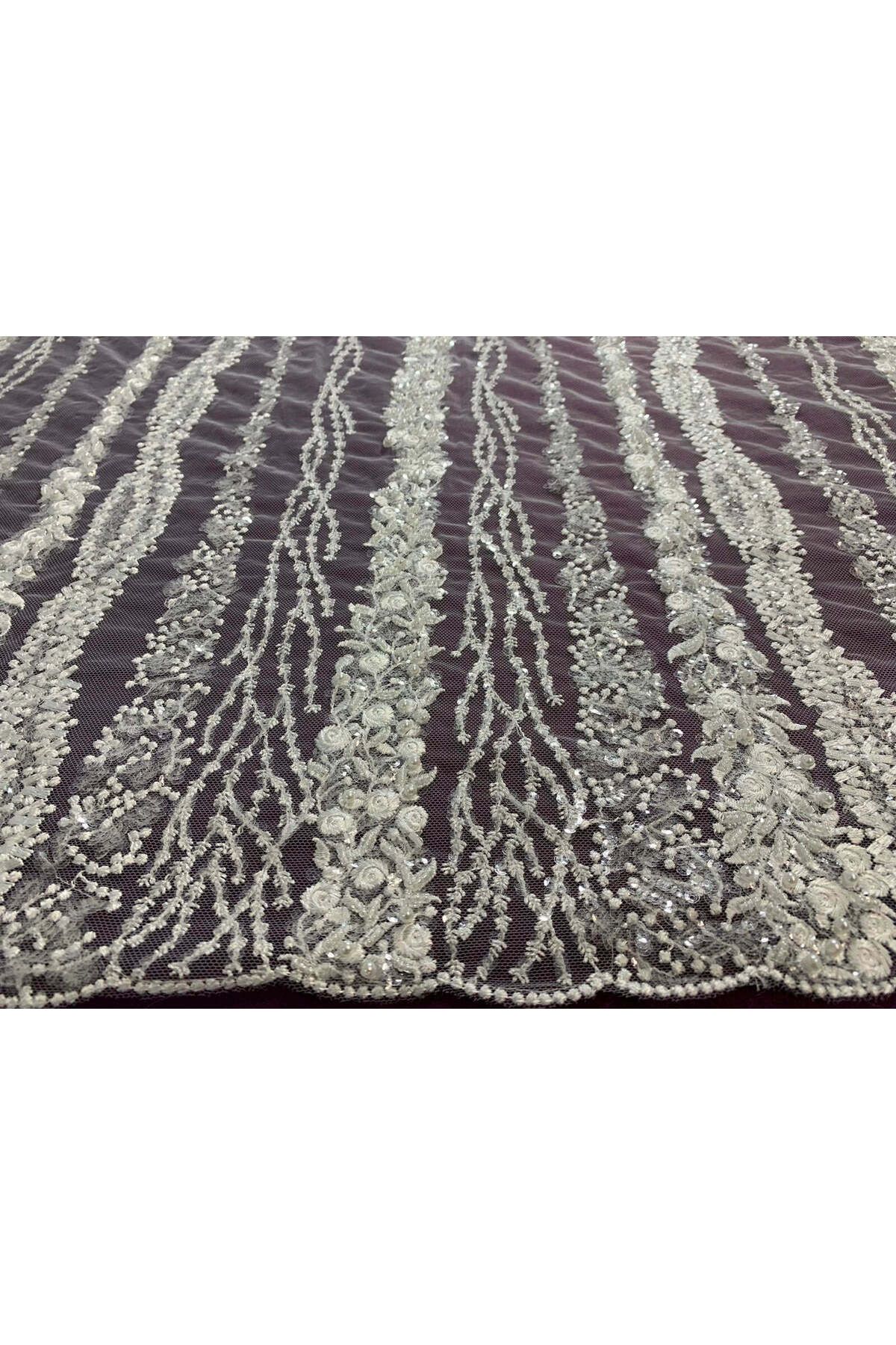 Luxuro-Lace with Linear Pattern with Flowers, Pearls and Sequins 5