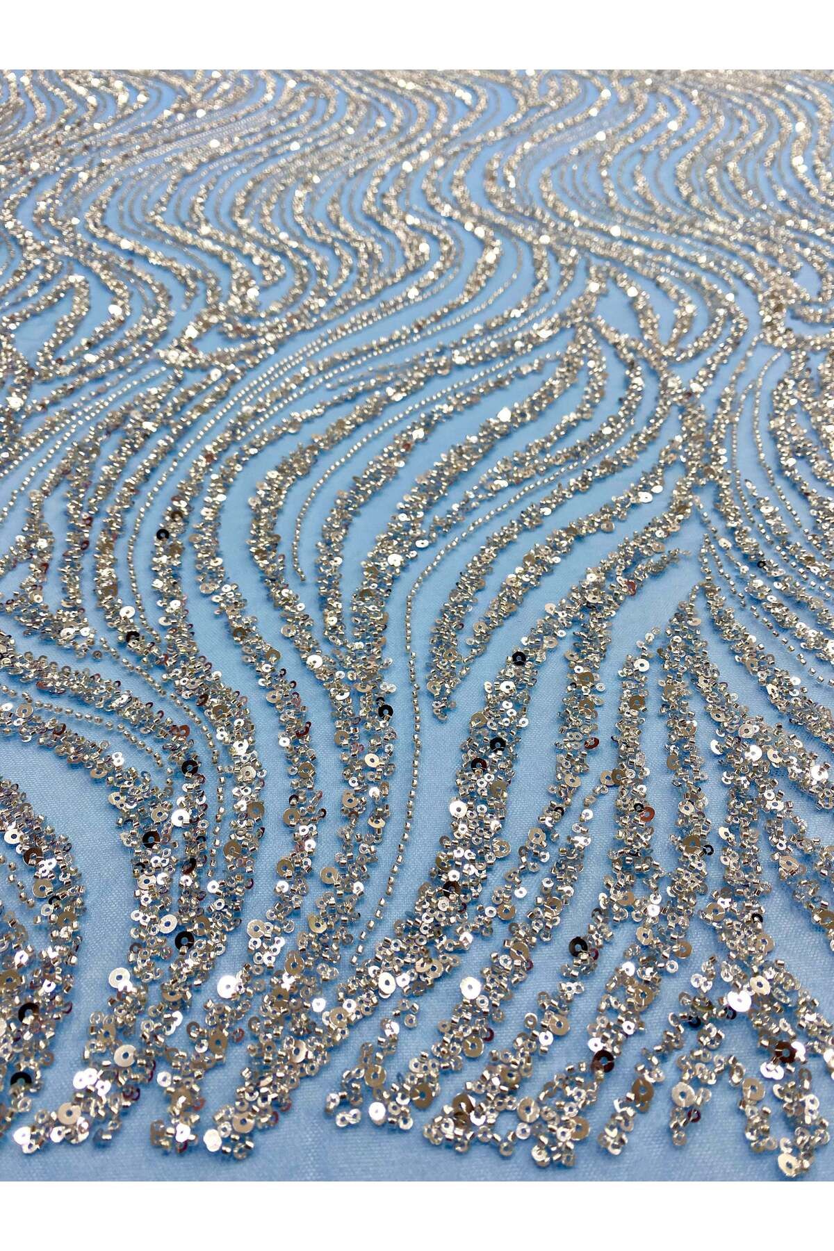 Luxuro-Couture Silver Lace with Blue Tulle with Linear Pattern, Beads and Sequins 6
