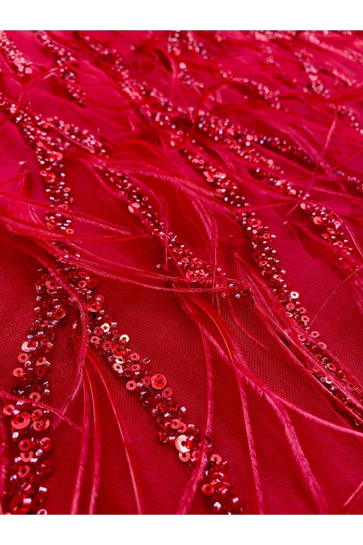 Luxuro-Red Couture Lace with Ostrich Feathers, Strings, Beads and Sequins 6