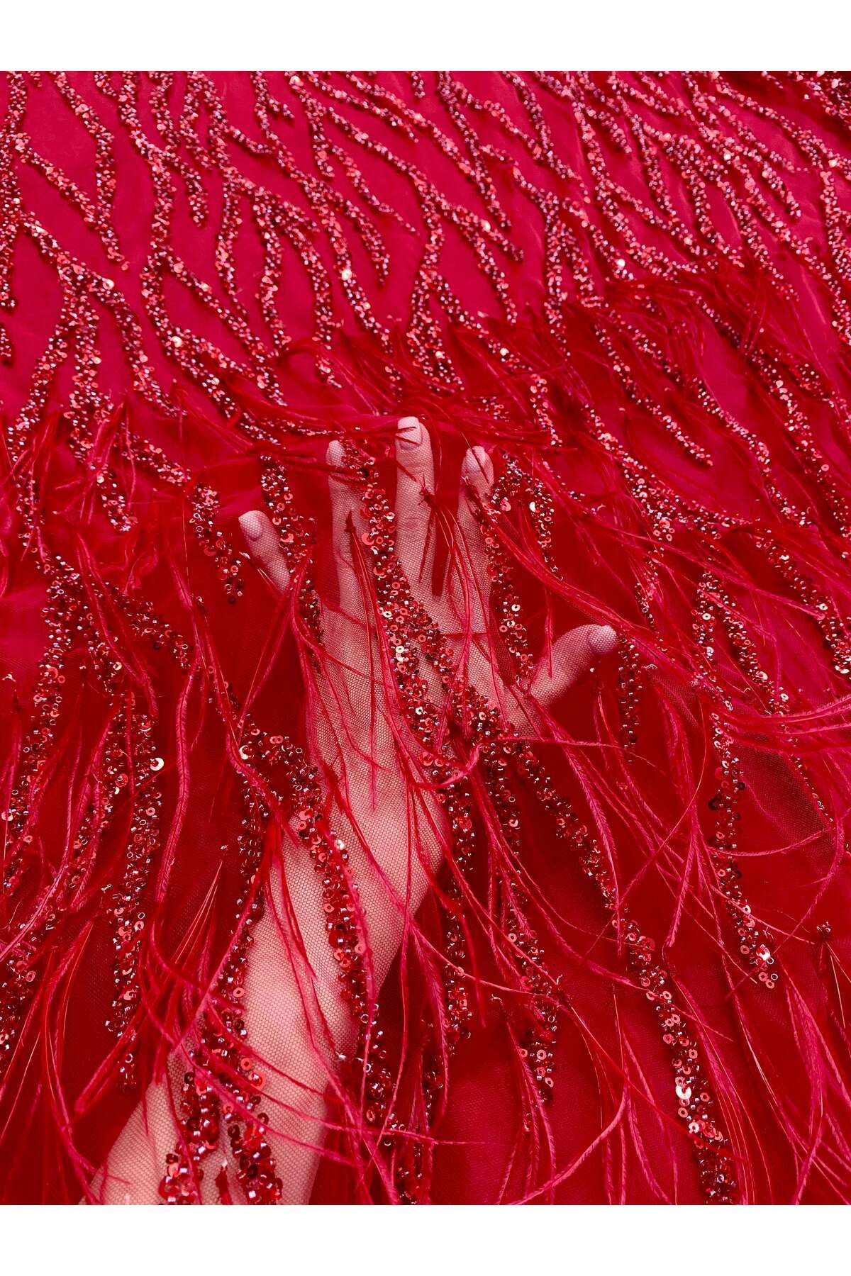 Luxuro-Red Couture Lace with Ostrich Feathers, Strings, Beads and Sequins 7