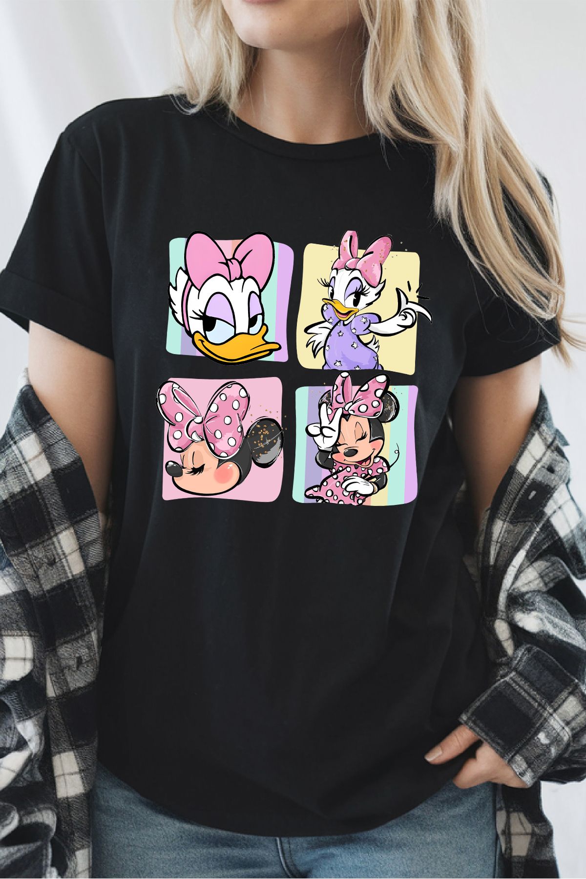 uniqwo Unisex Daisy ve Minnie Mouse Baskılı Kadın %100 Pamuk Premium Regular T-Shirt
