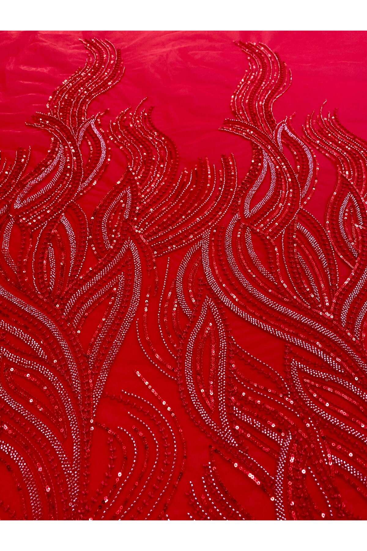 Luxuro-Red Couture Lace with Linear Pattern, Beads and Sequins 3