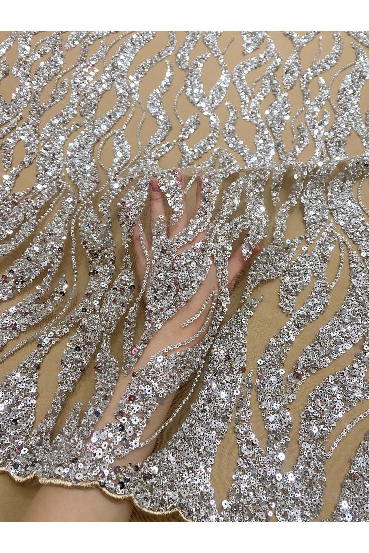 Luxuro-Silver Couture Lace with Nude Tulle with Strings, Beads and Sequins 5