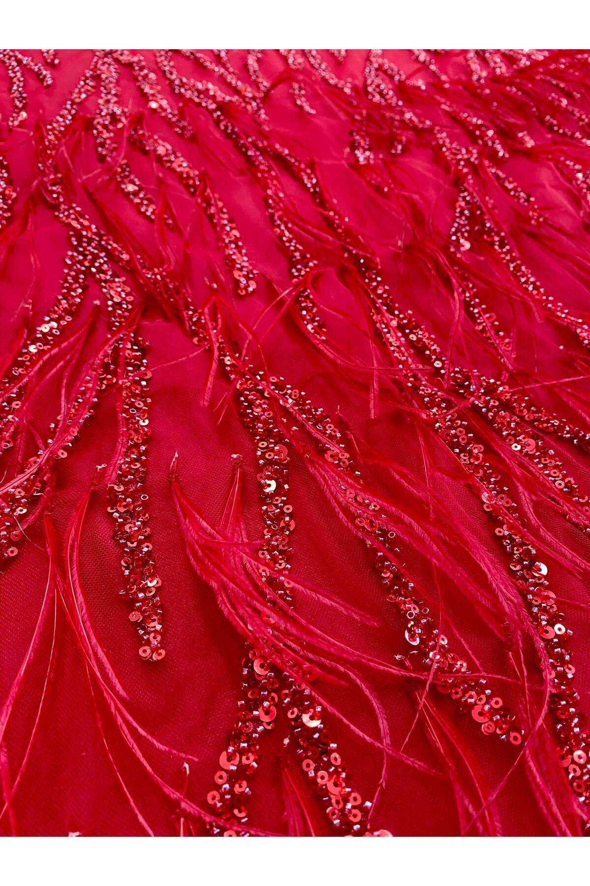 Luxuro-Red Couture Lace with Ostrich Feathers, Strings, Beads and Sequins 3