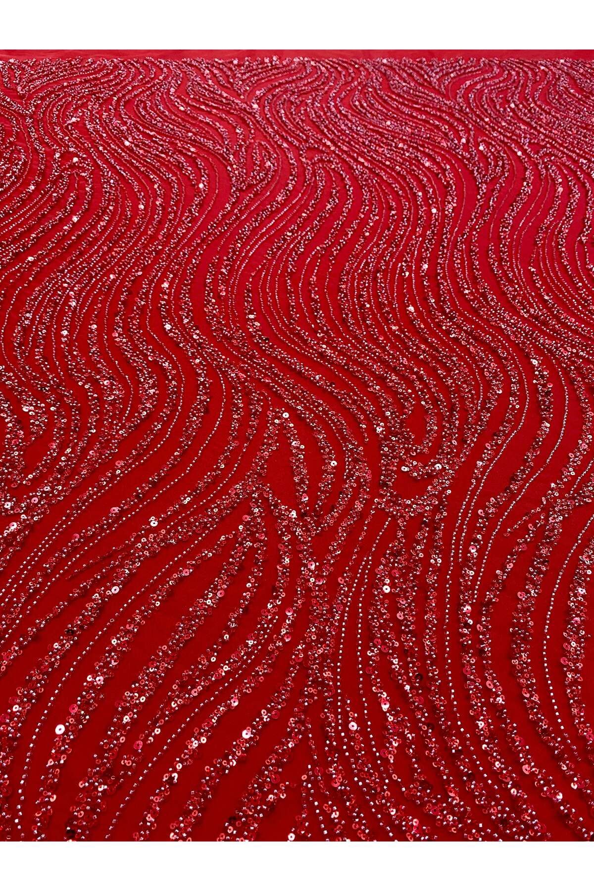 Luxuro-Red Couture Lace with Linear Pattern, Beads and Sequins 3