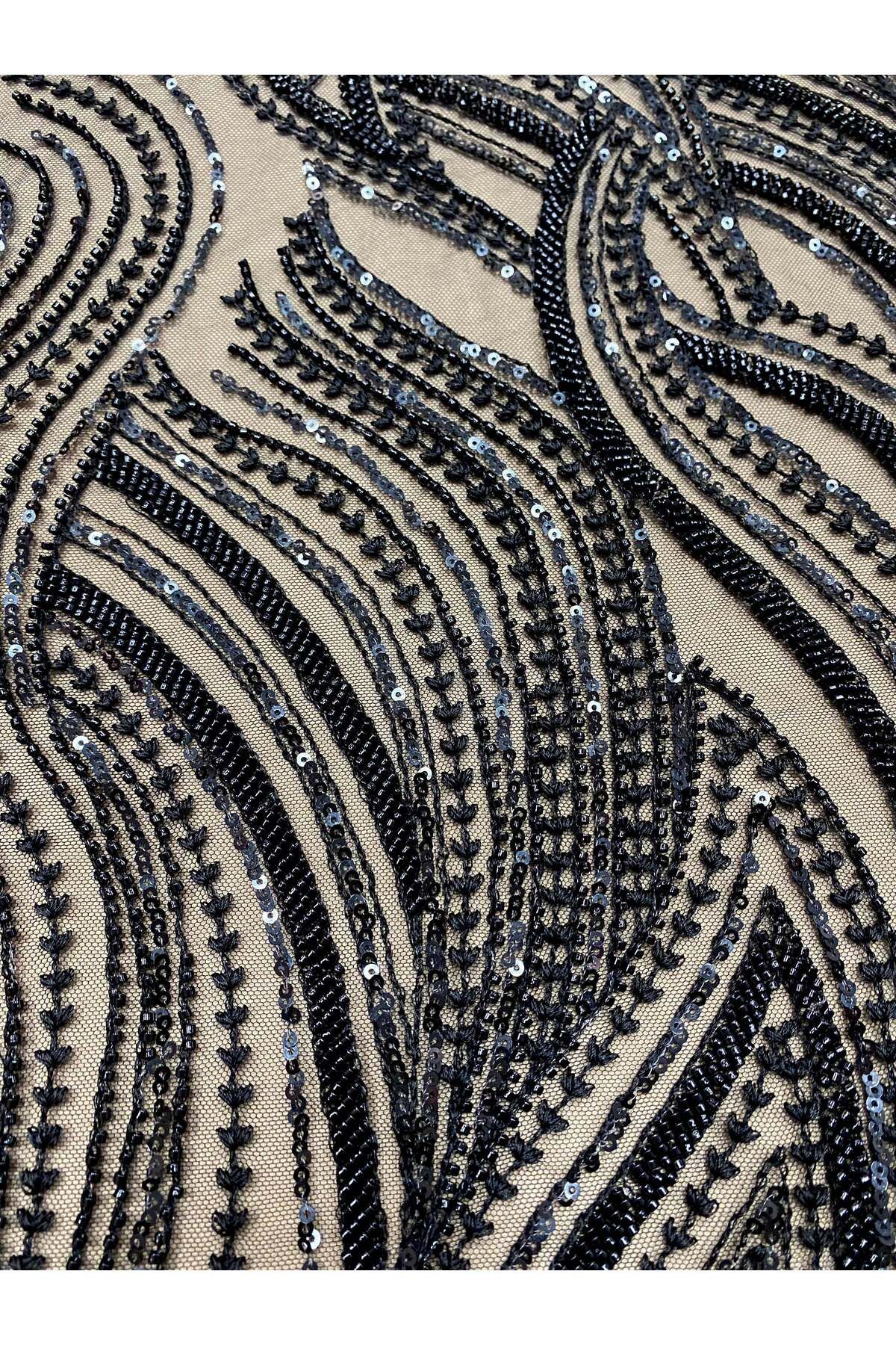 Luxuro-Black Couture Lace with Linear Pattern, Beads and Sequins 5