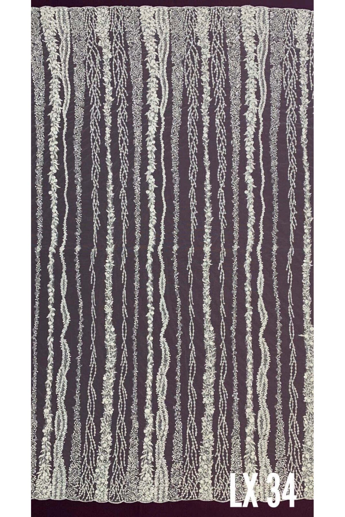 Luxuro-Lace with Linear Pattern with Flowers, Pearls and Sequins 4
