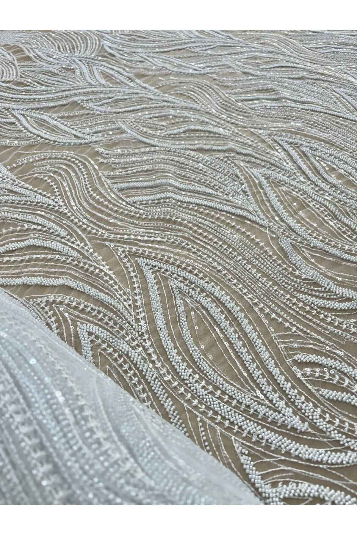 Luxuro-Ivory Couture Lace with Linear Pattern, Beads and Sequins 6