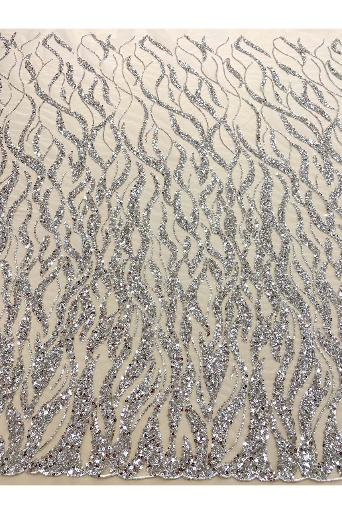 Luxuro-Silver Couture Lace with Strings, Beads and Sequins 1