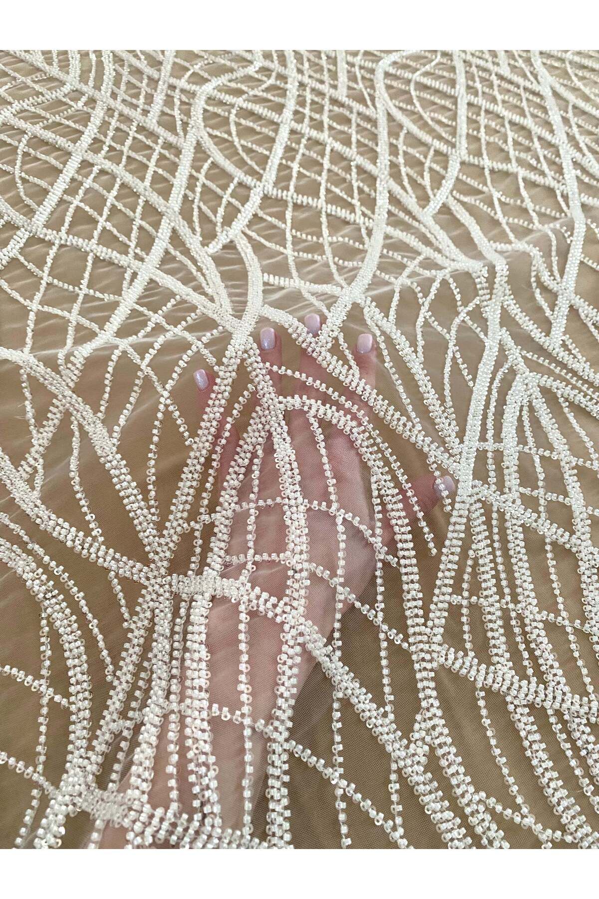 Luxuro-Ivory Couture Lace with Linear Pattern, Beads and Sequins 2