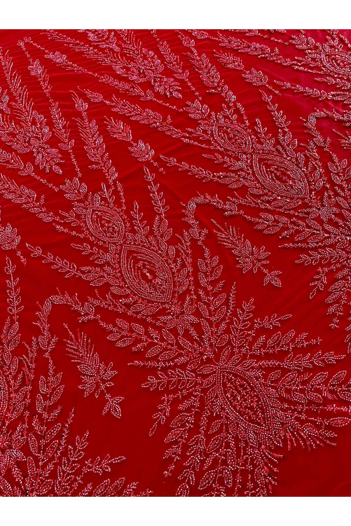 Luxuro-Red Couture Lace with Symmetrical Pattern, Beads and Sequins 5