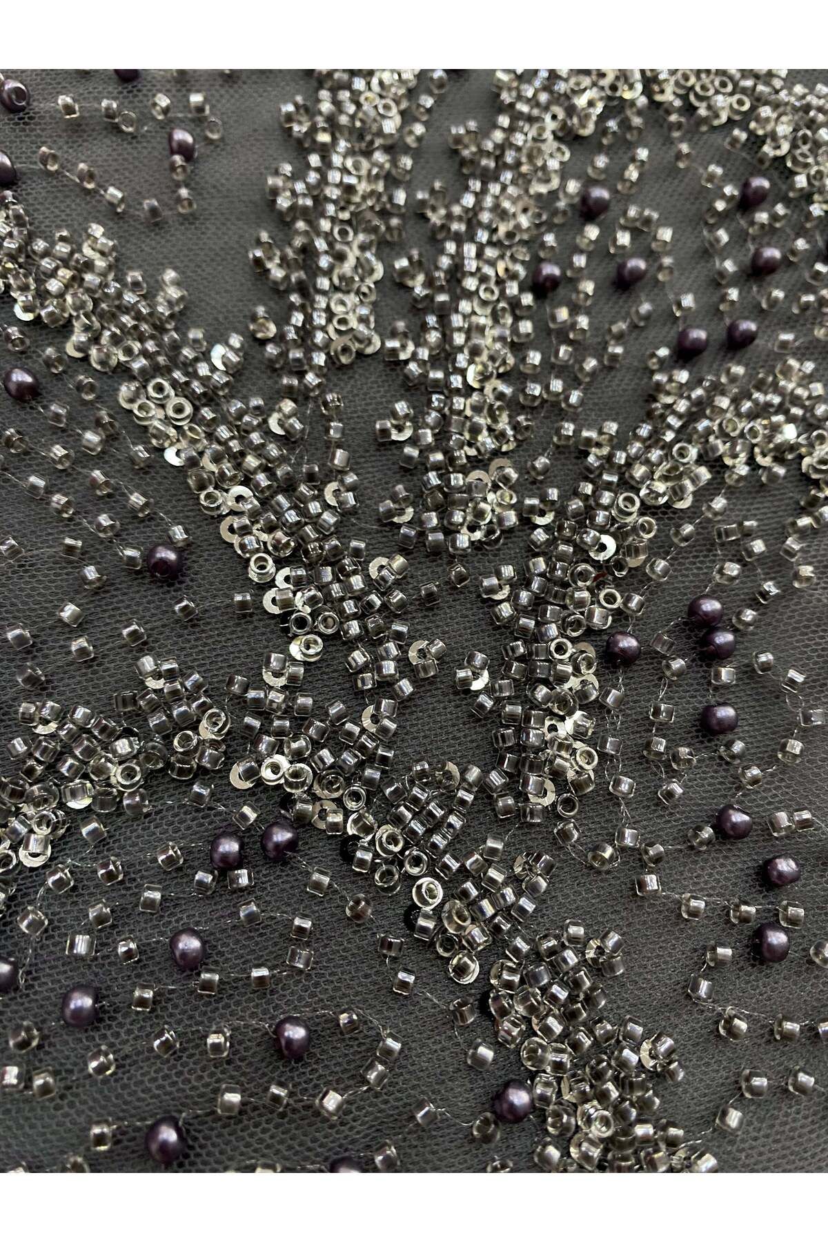 Luxuro-Anthracite Grey Couture Lace with Geometric Pattern, with Pearls, Beads and Sequins 2