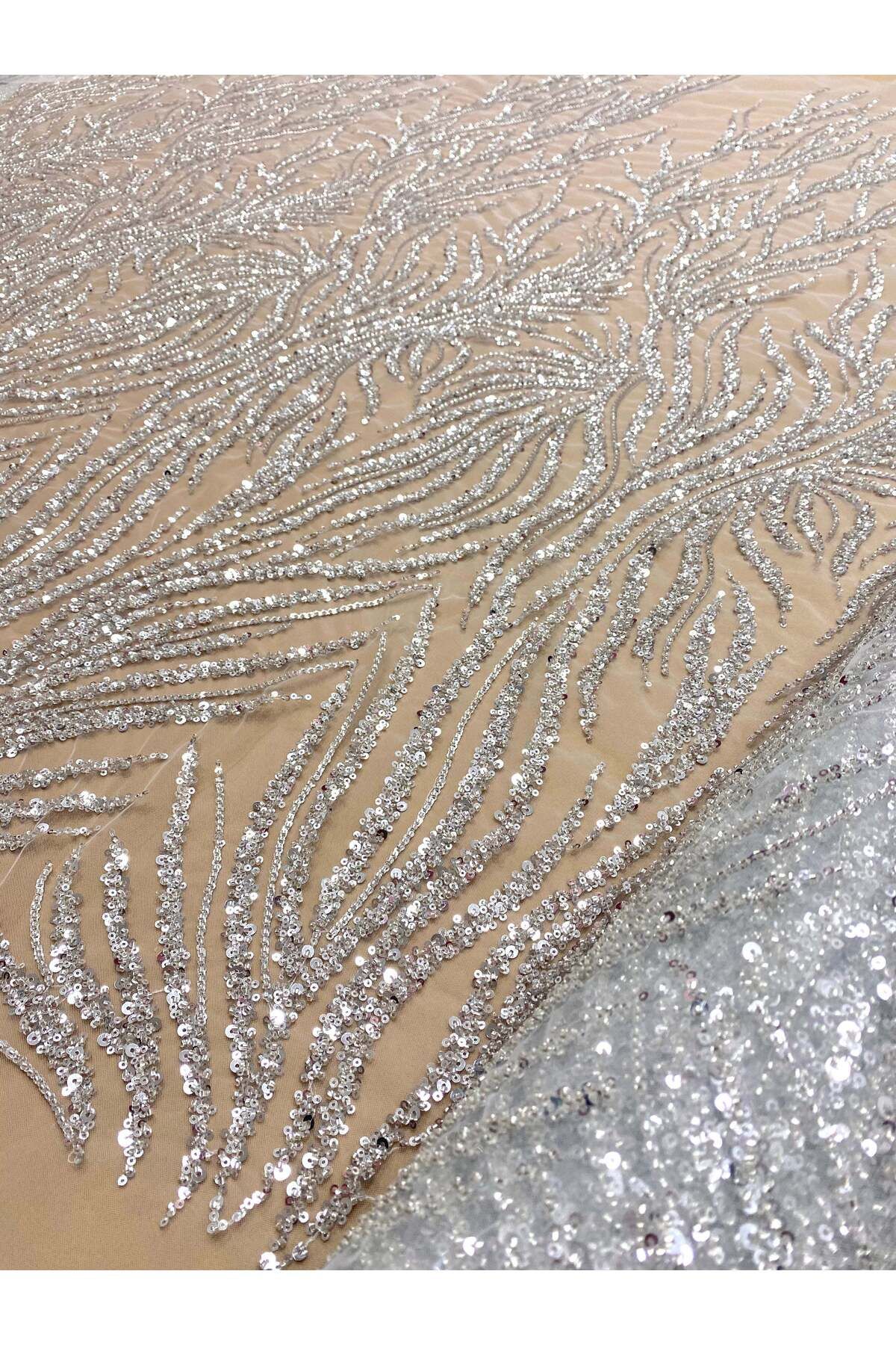Luxuro-Silver Couture Lace with Strings, Beads and Sequins 4