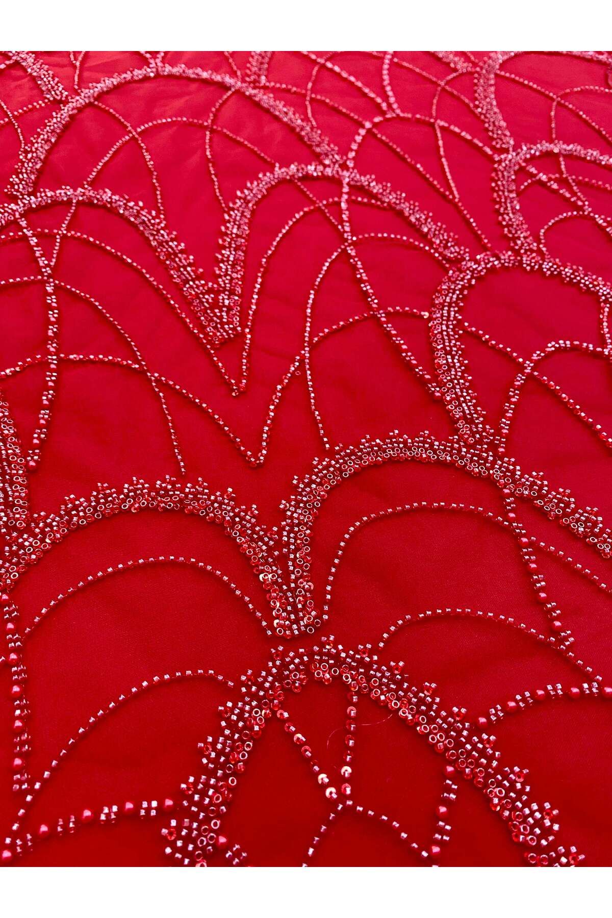 Luxuro-Red Couture Lace with Geometric Pattern, with Pearls, Beads and Sequins 6