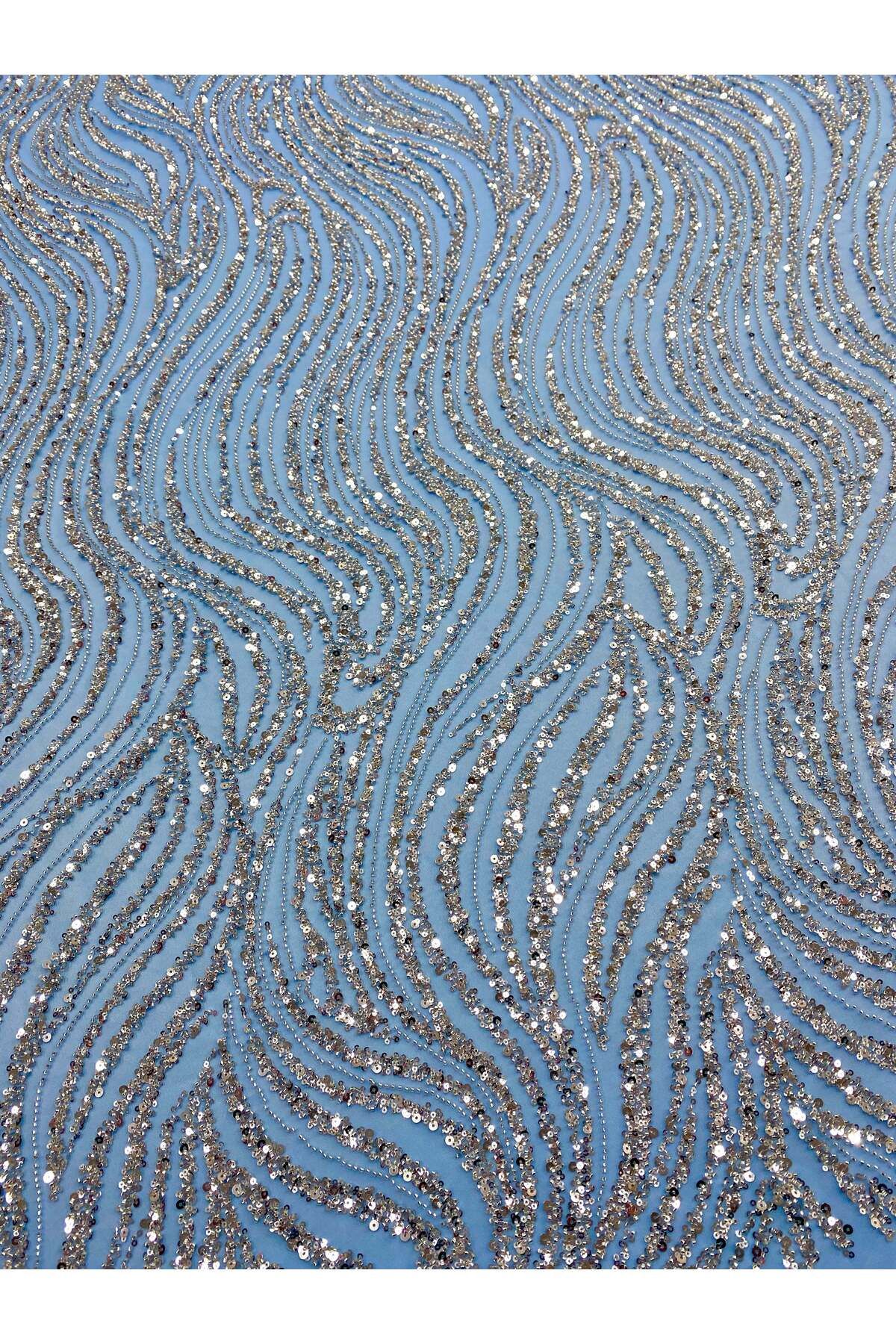 Luxuro-Couture Silver Lace with Blue Tulle with Linear Pattern, Beads and Sequins 5