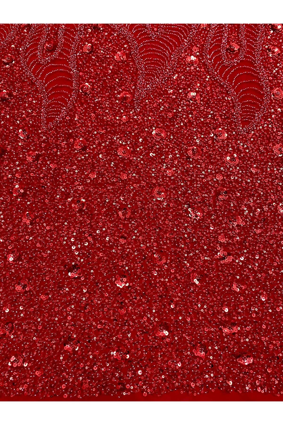 Luxuro-Red Couture Lace with Geometric and Floral Pattern, with Beads and Sequins 2
