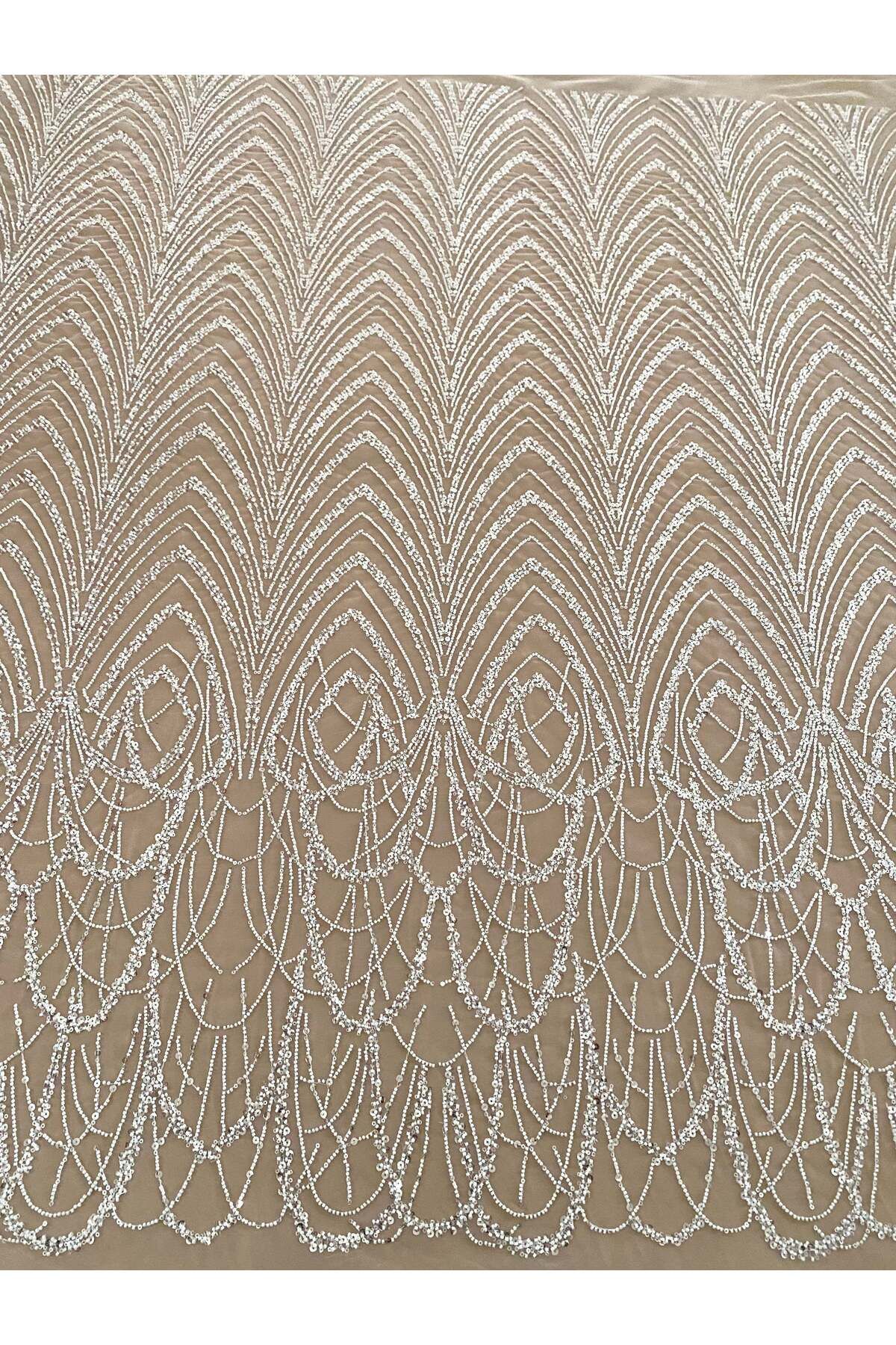 Luxuro-Ivory Couture Lace with Geometric Pattern with Beads and Sequins 1