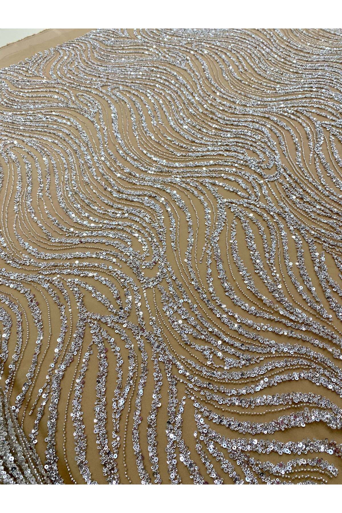 Luxuro-Couture Lace Silver with Nude Tulle with Linear Pattern, with Beads and Sequins 5