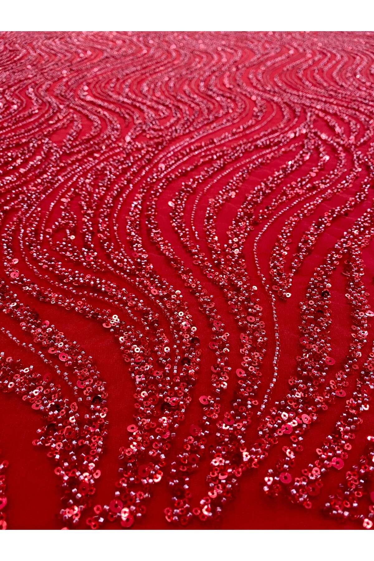 Luxuro-Red Couture Lace with Linear Pattern, Beads and Sequins 5