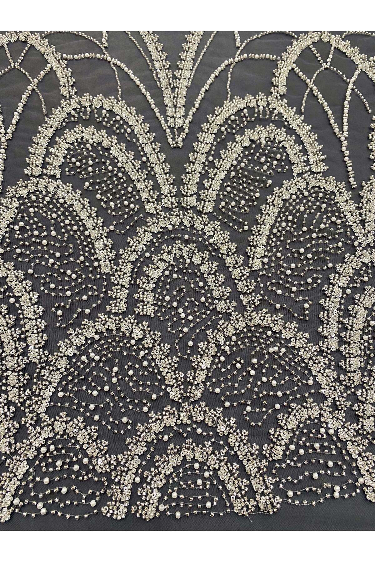Luxuro-Silver Couture Lace with Anthracite Tulle with Geometric Pattern, with Pearls, Beads and Sequins 4