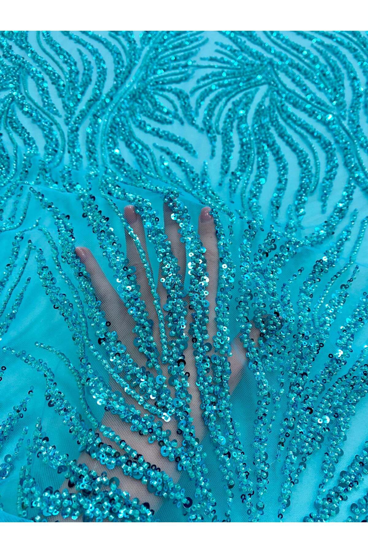 Luxuro-Turquoise Couture Lace with Strings, Beads and Sequins 3