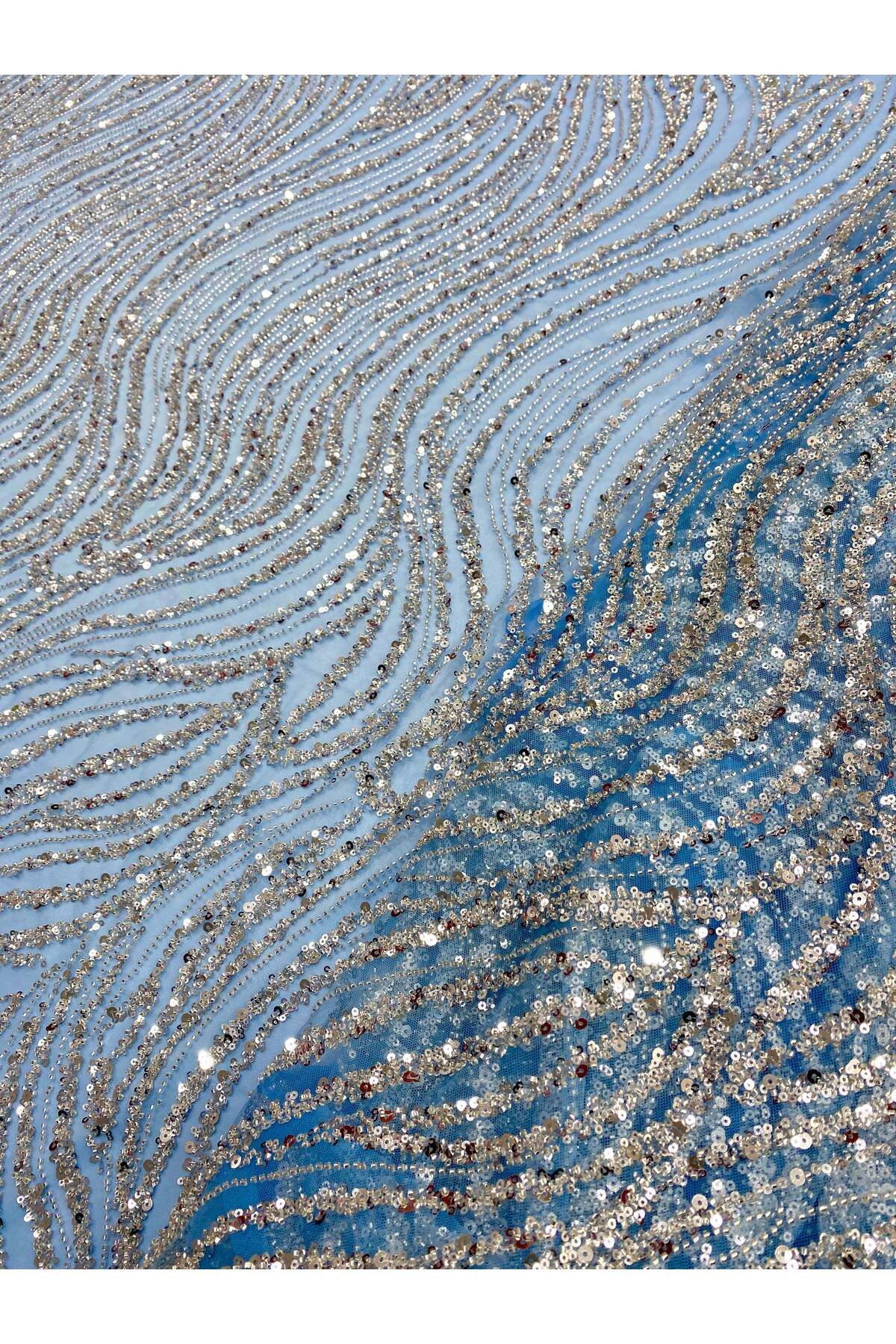 Luxuro-Couture Silver Lace with Blue Tulle with Linear Pattern, Beads and Sequins 4