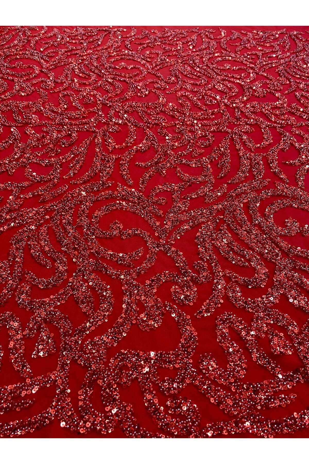 Luxuro-Red Couture Lace with Geometric Pattern, Beads and Sequins 7