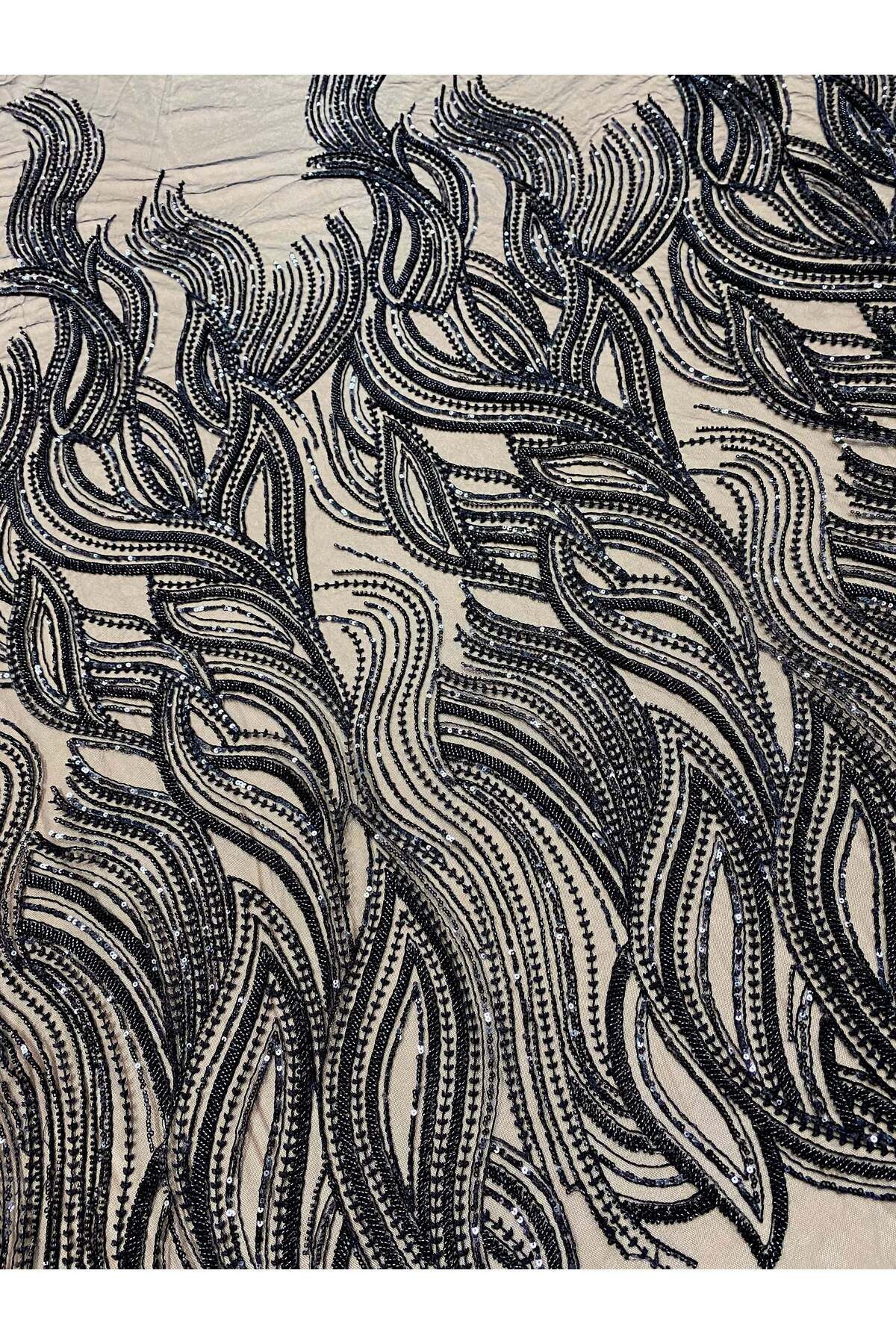 Luxuro-Black Couture Lace with Linear Pattern, Beads and Sequins 4