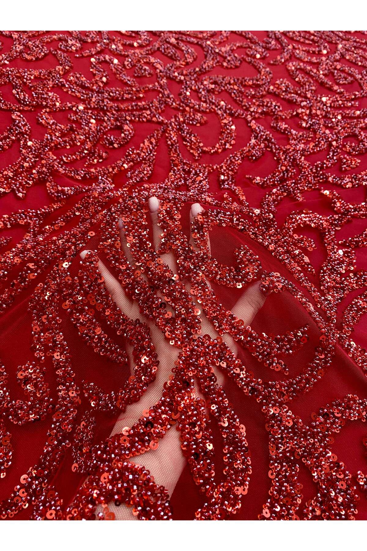 Luxuro-Red Couture Lace with Geometric Pattern, Beads and Sequins 3