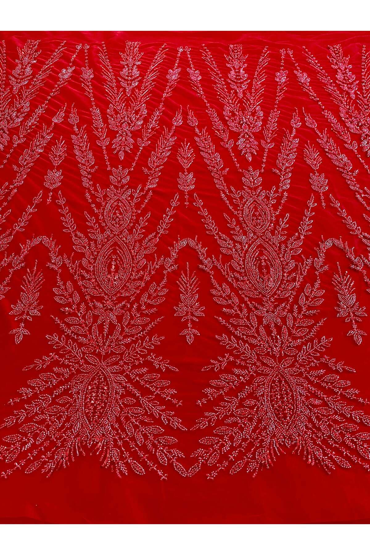 Luxuro-Red Couture Lace with Symmetrical Pattern, Beads and Sequins 1