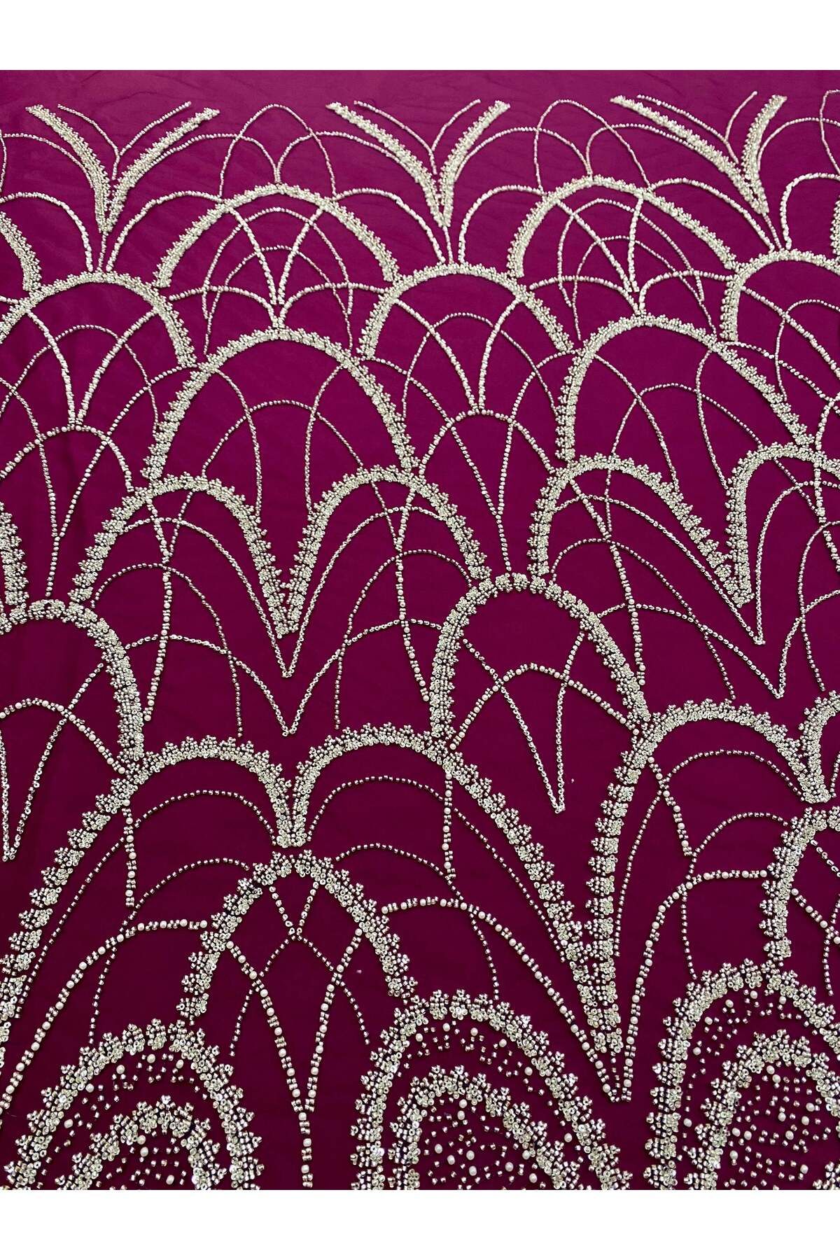 Luxuro-Silver Couture Lace with Dark Magenta Tulle with Geometric Pattern, with Pearls, Beads and Sequins 4
