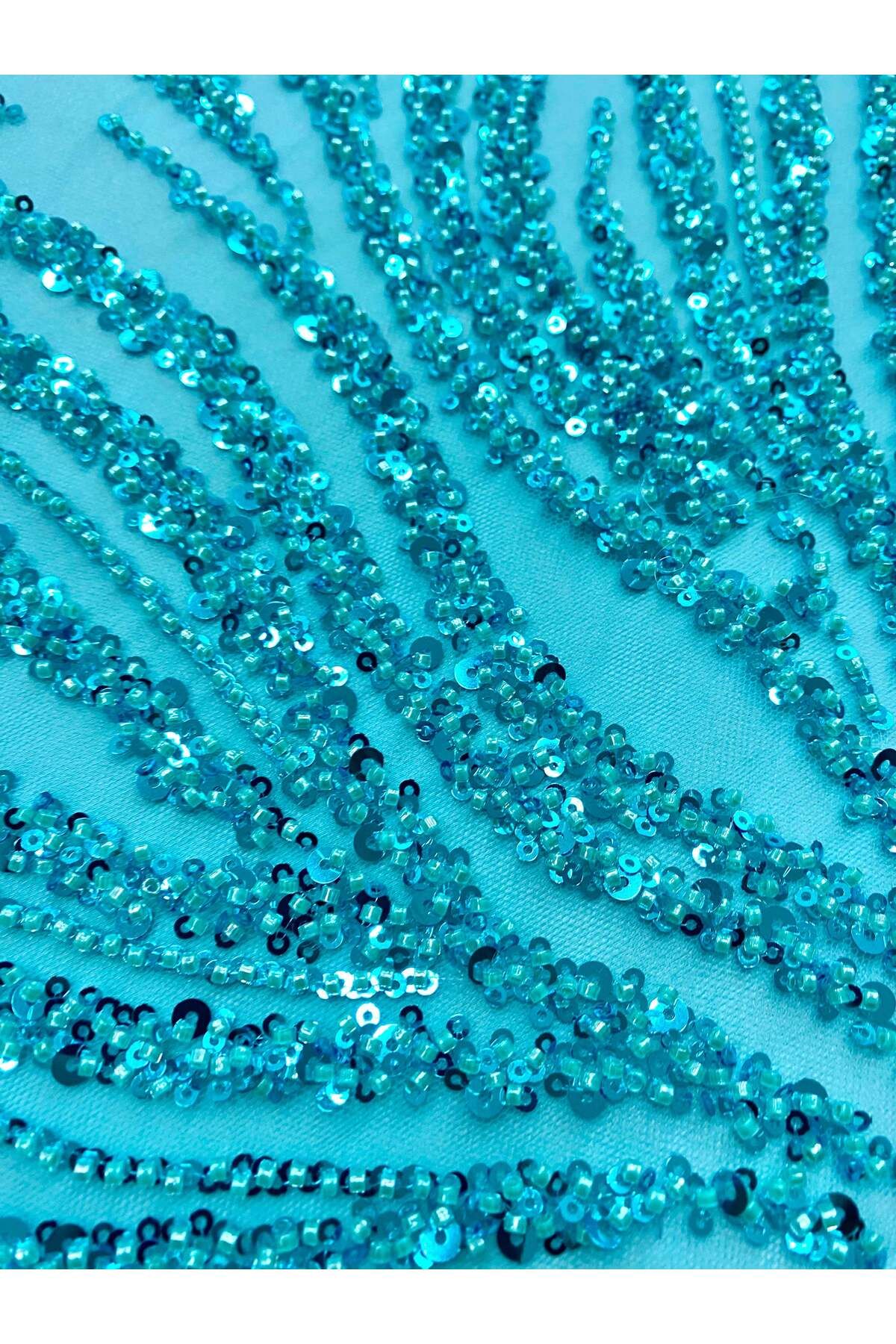 Luxuro-Turquoise Couture Lace with Strings, Beads and Sequins 2