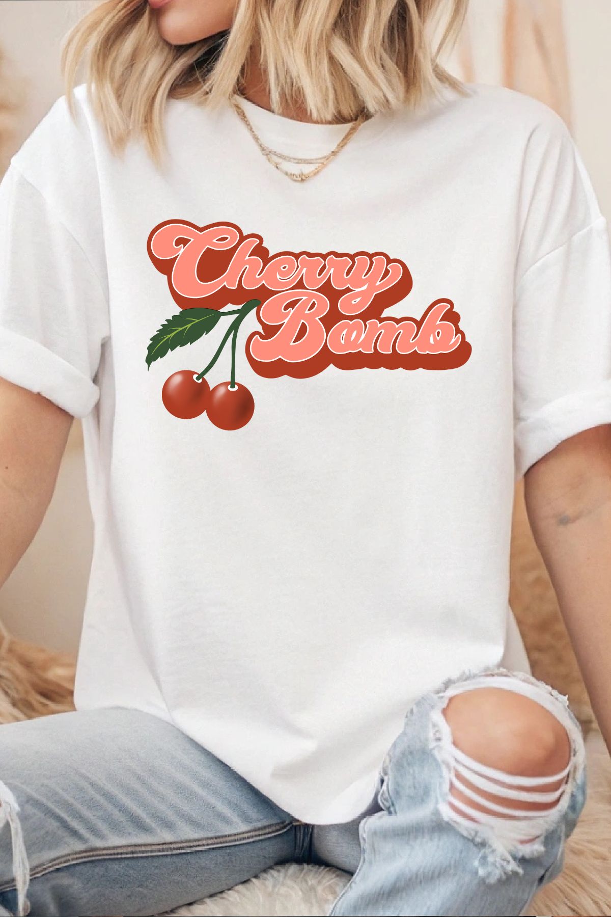 uniqwo Unisex Cherry Bomb Baskılı %100 Pamuk Premium Regular T-Shirt