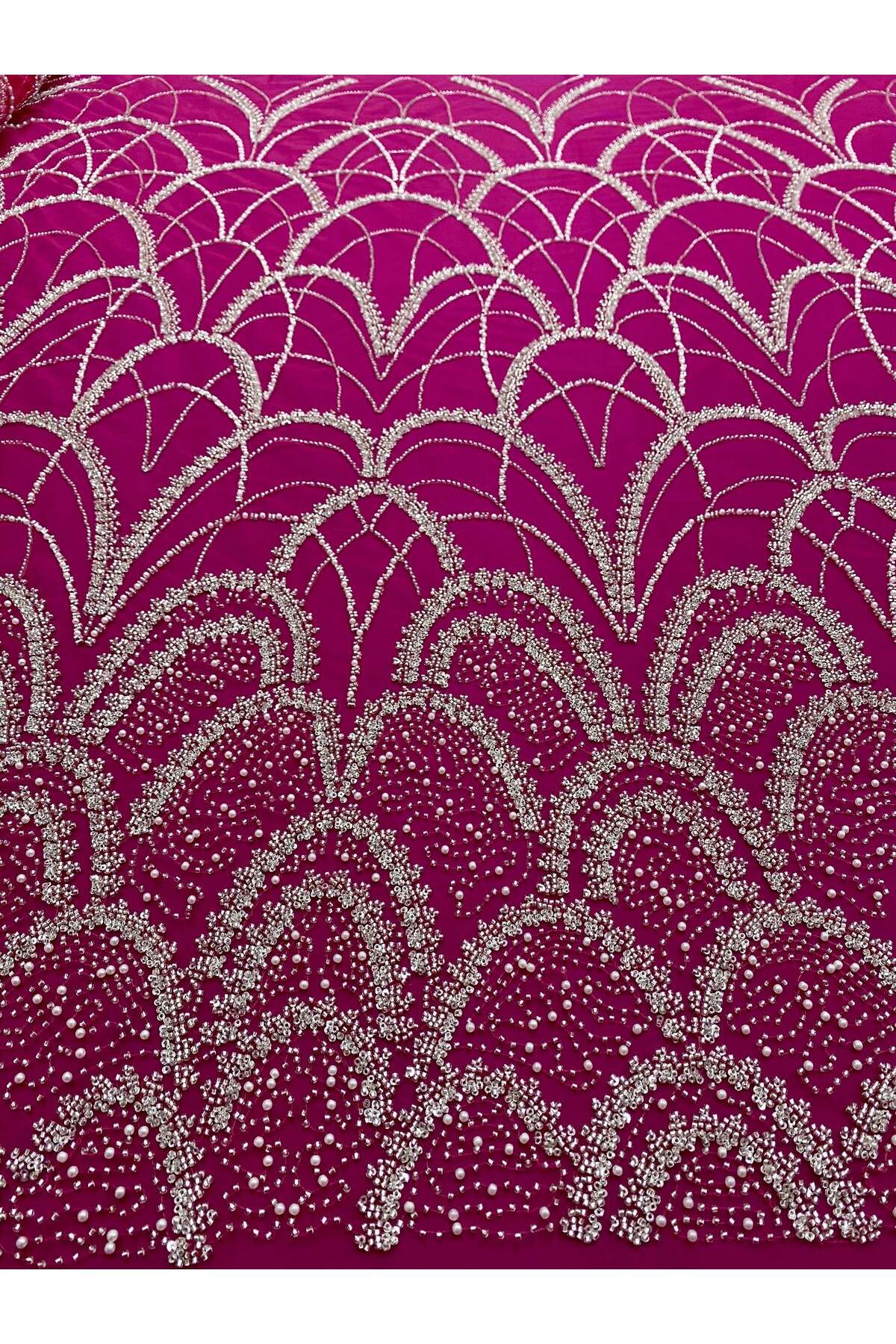 Luxuro-Couture Silver Lace with Fuchsia Tulle with Geometric Pattern, with Pearls, Beads and Sequins 3