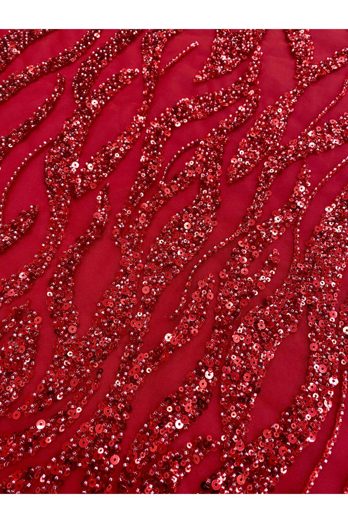 Luxuro-Red Couture Lace with Strings, Beads and Sequins 7