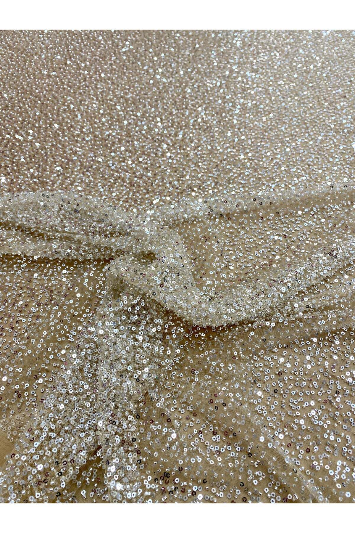 Luxuro-Silver Couture Lace with Nude Tulle with General Pattern, with Beads and Sequins 6